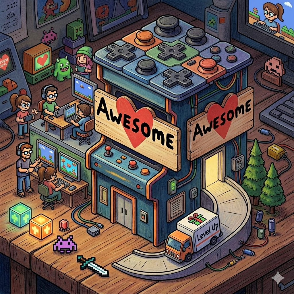 A cozy hand-illustrated arcade workshop tower covered in heart signs, with kids playing games on laptops, tablets, and cabinets, a delivery truck winding up a curved road, and a workbench scattered with retro game icons.